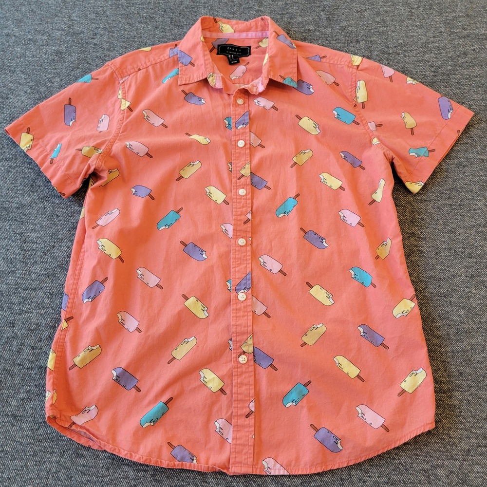 21 Men Popsicle Print Button Up Shirt Mens Medium Coral Pink Short Sleeve Summer